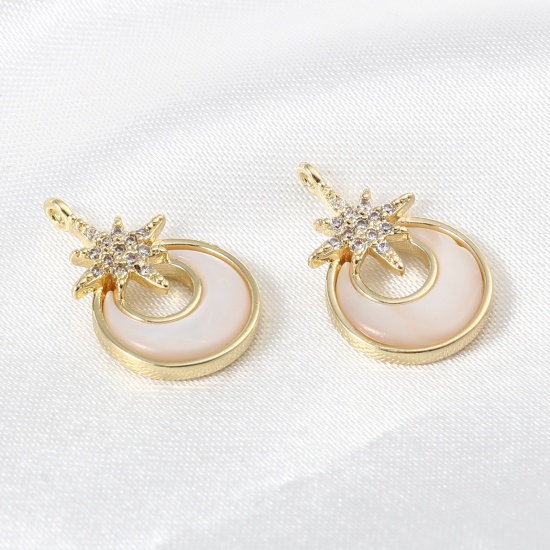 Picture of Shell & Copper Galaxy Charms Half Moon 18K Real Gold Plated White Star Clear Rhinestone 18mm x 11mm, 1 Piece