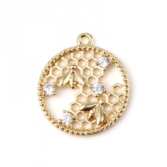 Imagen de Latón Insecto Colgantes Charms Dainty Colmena 18K Oro Real Chapado Ronda Transparente Rhinestone 19mm x 17mm, 2 Unidades