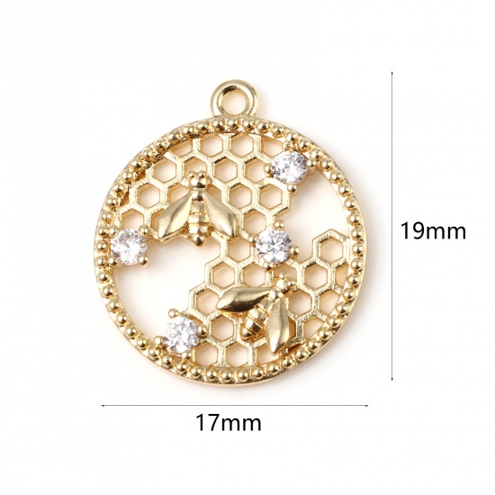 Imagen de Latón Insecto Colgantes Charms Dainty Colmena 18K Oro Real Chapado Ronda Transparente Rhinestone 19mm x 17mm, 2 Unidades