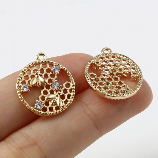 Picture of Brass Insect Charms Dainty Beehive 18K Real Gold Plated Round Clear Rhinestone 19mm x 17mm, 2 PCs