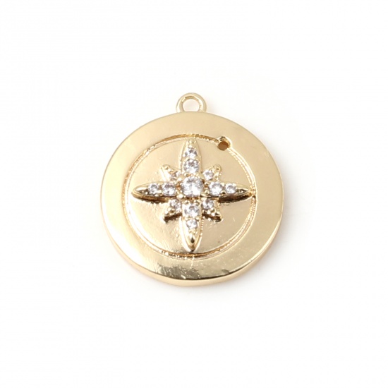 Immagine di Ottone Galassia Charms Tondo 18K Vero Oro Placcato Stella Trasparente Strass 14mm x 12mm, 2 Pz