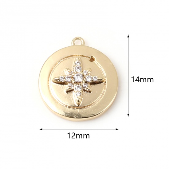 Immagine di Ottone Galassia Charms Tondo 18K Vero Oro Placcato Stella Trasparente Strass 14mm x 12mm, 2 Pz