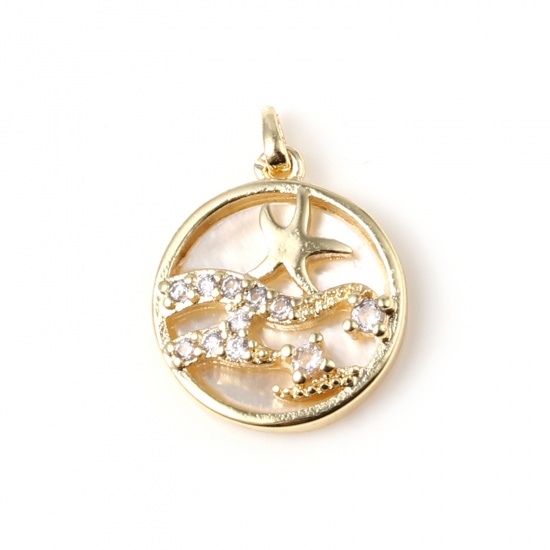 Immagine di 1 Pz Ottone Gioielli Oceanici Ciondoli Pendenti Tondo 18K Vero Oro Placcato Stella Marina Trasparente Strass 16mm x 12mm