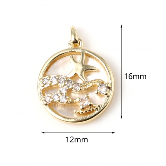 Immagine di 1 Pz Ottone Gioielli Oceanici Ciondoli Pendenti Tondo 18K Vero Oro Placcato Stella Marina Trasparente Strass 16mm x 12mm