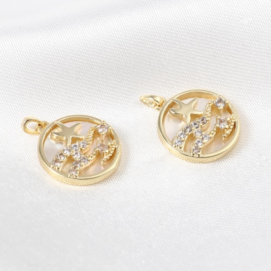 Immagine di 1 Pz Ottone Gioielli Oceanici Ciondoli Pendenti Tondo 18K Vero Oro Placcato Stella Marina Trasparente Strass 16mm x 12mm