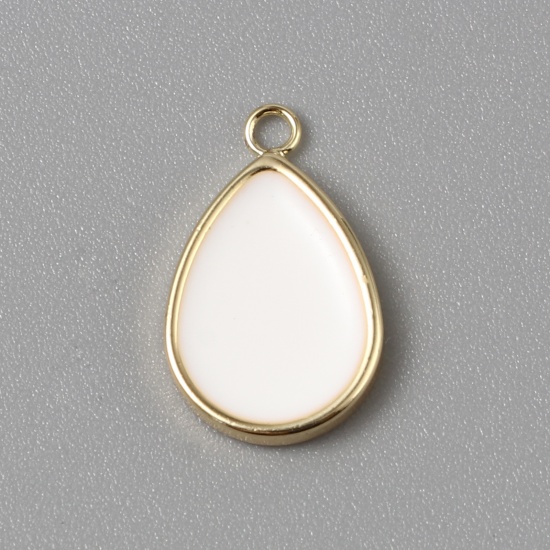 Image de Breloques en Laiton Goutte d'Eau Plaqué Or Véritable 18K Blanc Émail 15mm x 10mm, 2 Pcs