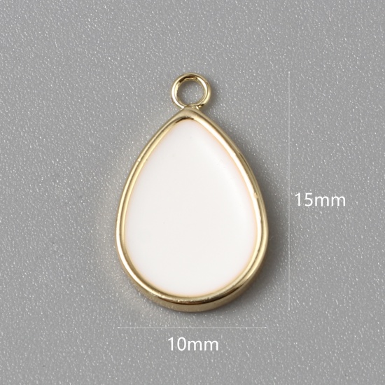 Image de Breloques en Laiton Goutte d'Eau Plaqué Or Véritable 18K Blanc Émail 15mm x 10mm, 2 Pcs