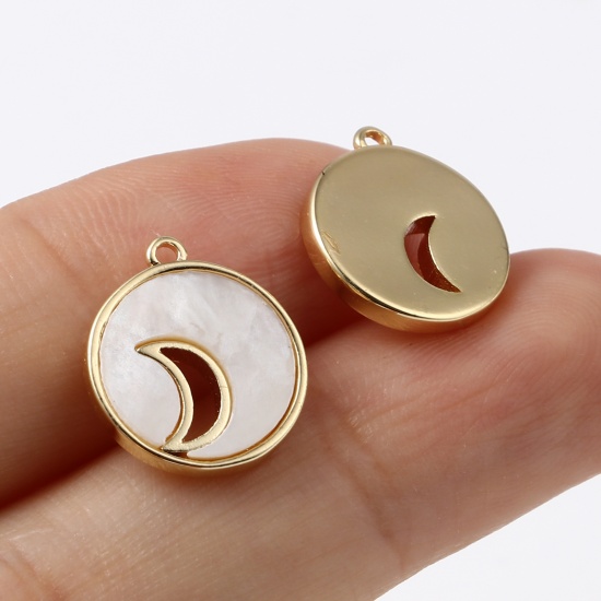 Immagine di Ottone Galassia Charms Tondo 18K Vero Oro Placcato Luna 14mm x 12mm, 2 Pz