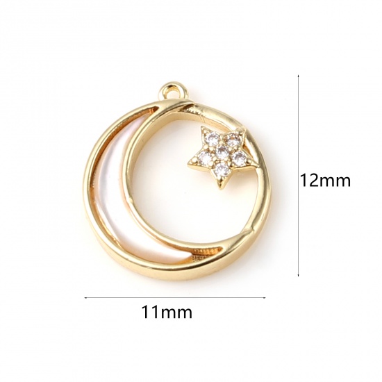 Picture of Shell & Copper Galaxy Charms Round 18K Real Gold Plated White Moon Clear Rhinestone 12mm x 11mm, 1 Piece