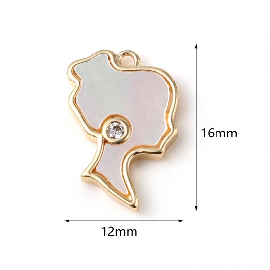 Picture of Shell & Copper Charms Girl 18K Real Gold Plated White Clear Rhinestone 16mm x 12mm, 1 Piece