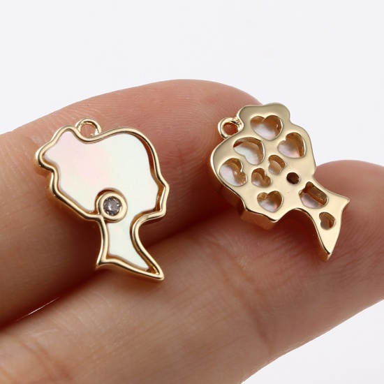 Picture of Shell & Copper Charms Girl 18K Real Gold Plated White Clear Rhinestone 16mm x 12mm, 1 Piece