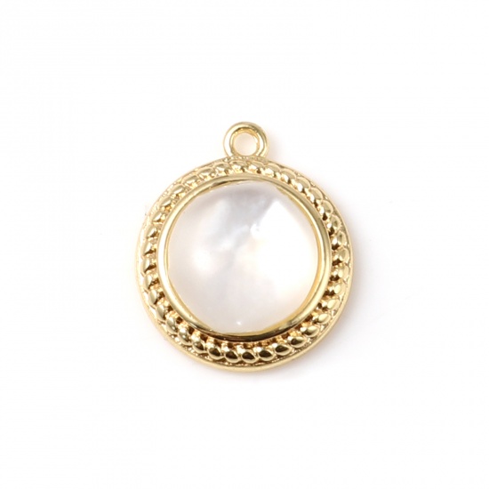Imagen de Concha + Latón Colgantes Charms Ronda 18K Oro Real Chapado Blanco 14mm x 12mm, 2 Unidades