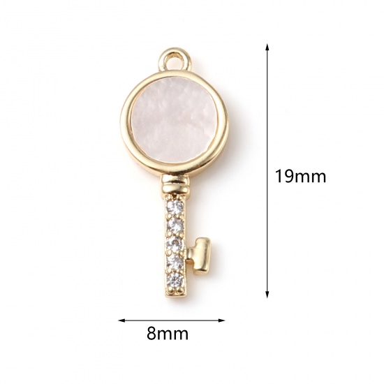 Picture of Shell & Brass Charms Key 18K Real Gold Plated White Clear Rhinestone 19mm x 8mm, 1 Piece