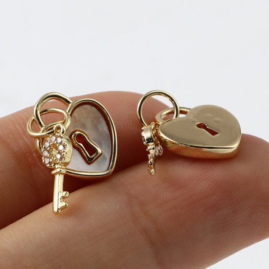 Picture of Shell & Copper Valentine's Day Charms Heart 18K Real Gold Plated White Key Clear Rhinestone 15mm x 10mm, 1 Piece