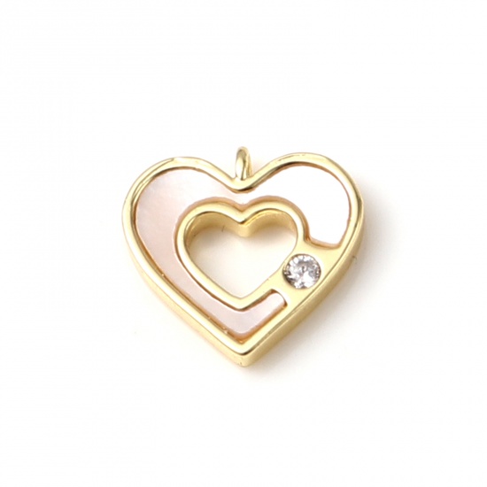 Immagine di Conchiglia + Ottone San Valentino Charms Cuore 18K Oro riempito Bianco Trasparente Strass 12mm x 11mm, 2 Pz