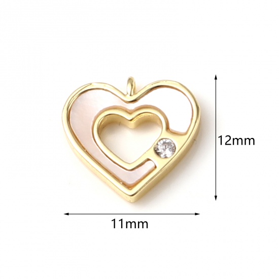Picture of Shell & Copper Valentine's Day Charms Heart 18K Real Gold Plated White Clear Rhinestone 12mm x 11mm, 2 PCs