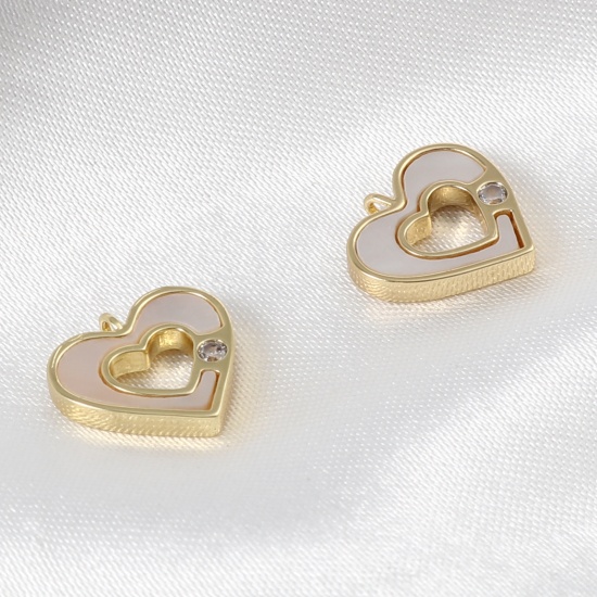 Picture of Shell & Copper Valentine's Day Charms Heart 18K Real Gold Plated White Clear Rhinestone 12mm x 11mm, 2 PCs