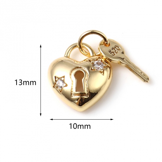 Picture of Brass Valentine's Day Charms Lovers Lock & Key 18K Real Gold Plated Clear Rhinestone 13mm x 10mm, 2 PCs                                                                                                                                                       