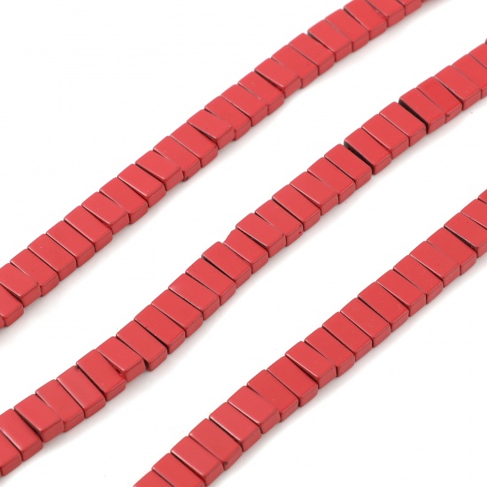 Picture of (Grade B) Hematite ( Natural ) Beads Two Holes Rectangle Watermelon Red About 8mm x 4mm, Hole: Approx 1mm, 40.5cm(16") - 39.5cm(15 4/8") long, 1 Strand (Approx 95 PCs/Strand)