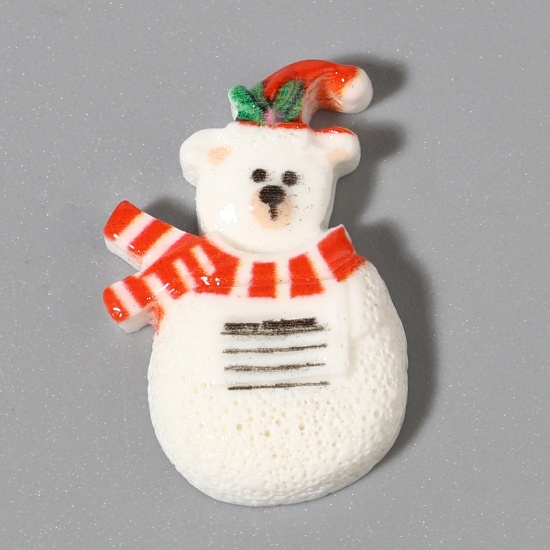 Picture of Resin Embellishments Christmas Snowman White & Red Bear Pattern 25mm x 16mm, 20 PCs