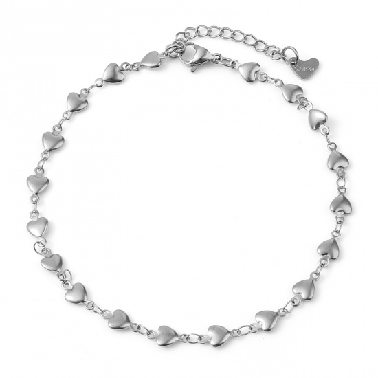 Picture of 304 Stainless Steel Valentine's Day Anklet Silver Tone Heart 24cm - 22.5cm long, 1 Piece