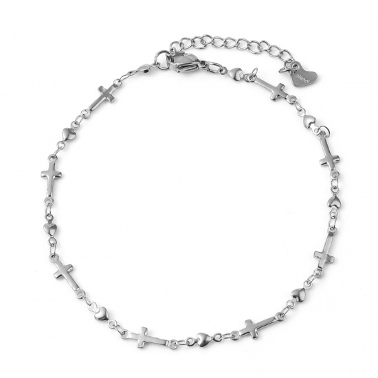 Picture of 304 Stainless Steel Religious Anklet Silver Tone Cross Heart 23.5cm - 23cm long, 1 Piece