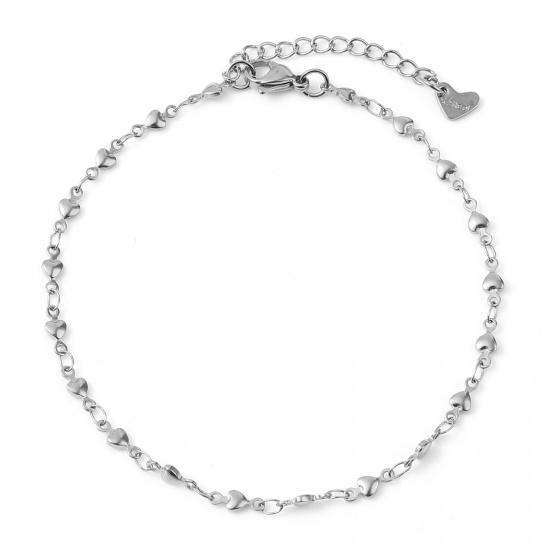 Picture of 304 Stainless Steel Valentine's Day Anklet Silver Tone Heart 23cm - 22.5cm long, 1 Piece