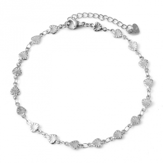 Picture of 304 Stainless Steel Valentine's Day Anklet Silver Tone Heart Stripe 23.5cm - 23cm long, 1 Piece