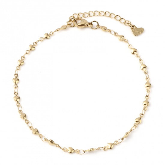 Picture of 304 Stainless Steel Valentine's Day Anklet Gold Plated Heart 23cm - 22.5cm long, 1 Piece