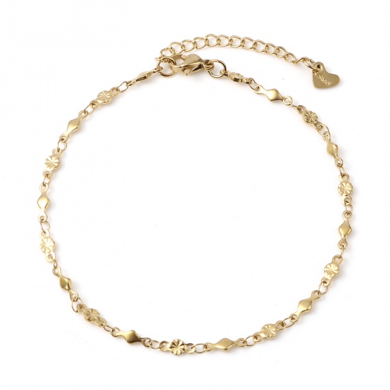 Picture of 304 Stainless Steel Stylish Anklet Gold Plated Rhombus Flower 23.5cm - 23cm long, 1 Piece
