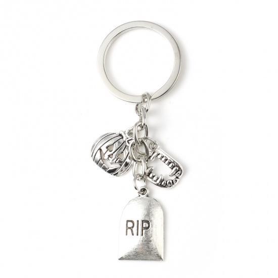 Bild von Zinklegierung Schlüsselkette & Schlüsselring Silberfarbe Mund Halloween Kürbis Message " RIP " Plattiert 8.7cm, 2 Sets