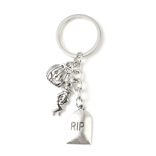 Bild von Zinklegierung Schlüsselkette & Schlüsselring Silberfarbe Skelett Schädel Halloween Kürbis Message " RIP " Plattiert 8.9cm, 2 Sets
