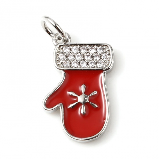 Picture of Copper Micro Pave Charms Silver Tone Red Christmas Gloves Enamel Clear Cubic Zirconia 20mm x 10mm, 1 Piece