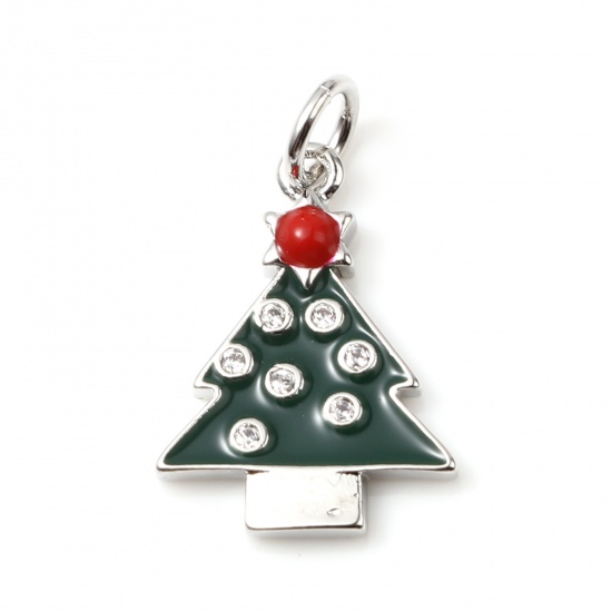 Picture of Brass Micro Pave Charms Silver Tone Green Christmas Tree Enamel Clear Cubic Zirconia 20mm x 12mm, 1 Piece                                                                                                                                                     