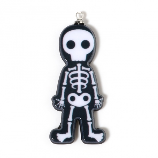 Picture of Resin Halloween Pendants Skeleton Skull Black & White 4.5cm x 1.9cm, 5 PCs