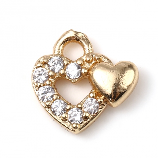 Picture of Brass Valentine's Day Charms Gold Plated Heart Micro Pave Clear Rhinestone 10mm x 10mm, 5 PCs                                                                                                                                                                 