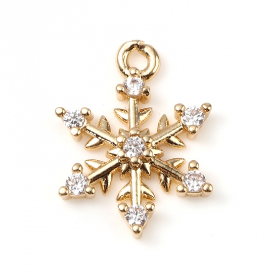 Picture of Brass Micro Pave Charms Gold Plated Christmas Snowflake Clear Rhinestone 14mm x 11mm, 5 PCs                                                                                                                                                                   