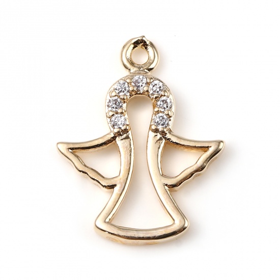 Picture of Brass Religious Charms Gold Plated Angel Micro Pave Clear Rhinestone 15mm x 12mm, 5 PCs                                                                                                                                                                       