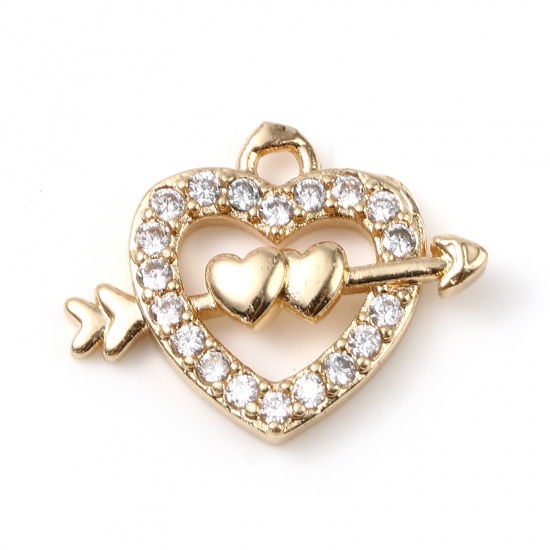Picture of Brass Valentine's Day Charms Gold Plated Arrow Through Heart Micro Pave Clear Rhinestone 18mm x 14mm, 5 PCs                                                                                                                                                   