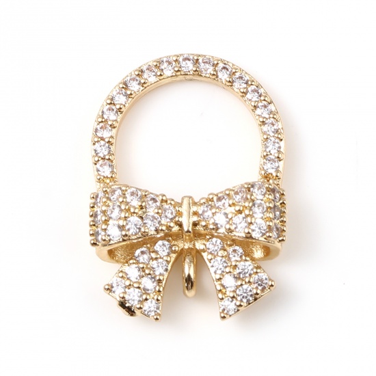 Picture of Brass Christmas Charms Gold Plated Bowknot Micro Pave Clear Rhinestone 19mm x 14mm, 2 PCs                                                                                                                                                                     