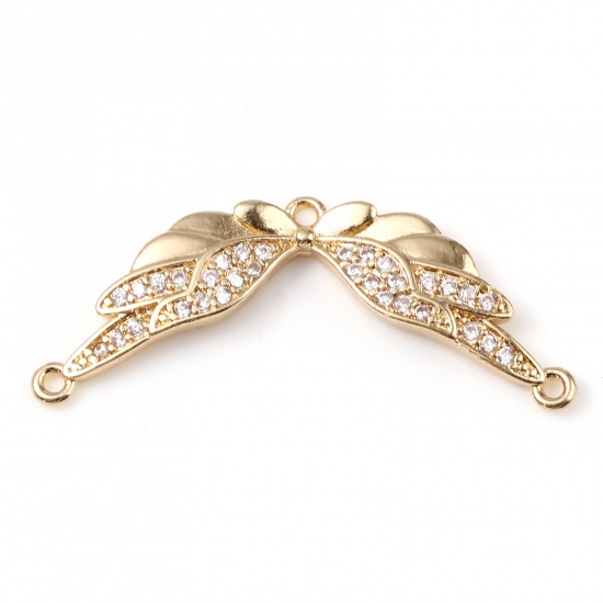 Picture of Brass Micro Pave Pendants Gold Plated Wing Clear Rhinestone 3.1cm x 1.2cm, 2 PCs                                                                                                                                                                              