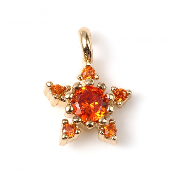 Image de Breloques Galaxie en Laiton Etoile Doré Micro Pave à Strass Orange 10mm x 7mm, 5 Pcs