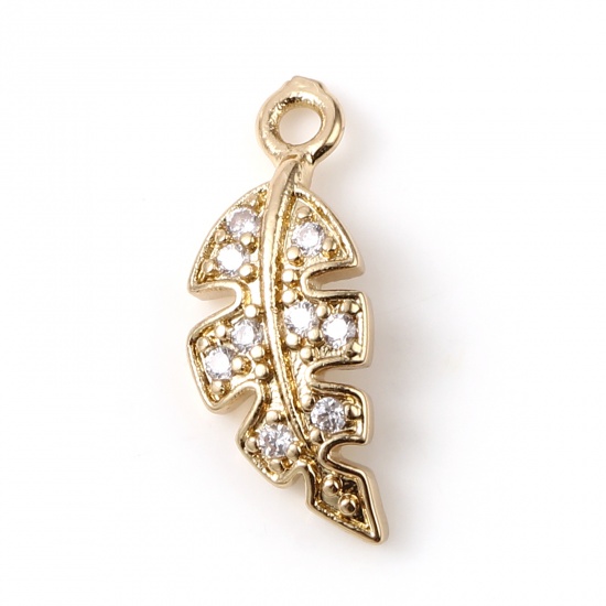 Imagen de Latón Micro Pave Colgantes Charms Chapado en Oro Hoja Transparente Rhinestone 16mm x 6mm, 5 Unidades