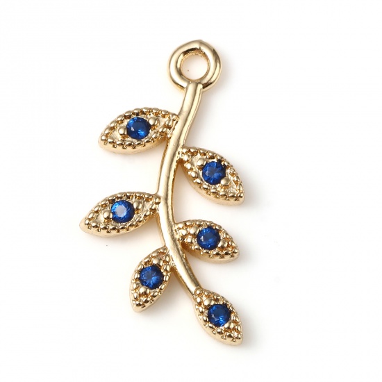 Imagen de Latón Micro Pave Colgantes Charms Chapado en Oro Hoja Azul Rhinestone 19mm x 9mm, 5 Unidades