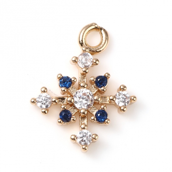 Immagine di Ottone Micro Intarsio Charms Oro Placcato Natale Fiocco di Neve Trasparente & Blu Strass 13mm x 10mm, 5 Pz                                                                                                                                                    