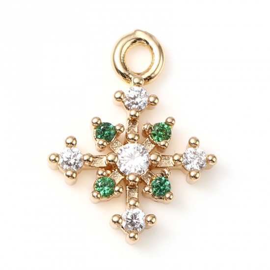 Immagine di Ottone Micro Intarsio Charms Oro Placcato Natale Fiocco di Neve Trasparente & Verde Strass 13mm x 10mm, 5 Pz                                                                                                                                                  