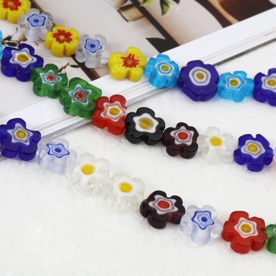 Picture of Lampwork Glass Millefiori Beads Flower At Random Color About 12mm x 12mm, Hole: Approx 1mm, 36cm(14 1/8") long, 1 Strand (Approx 35 PCs/Strand)