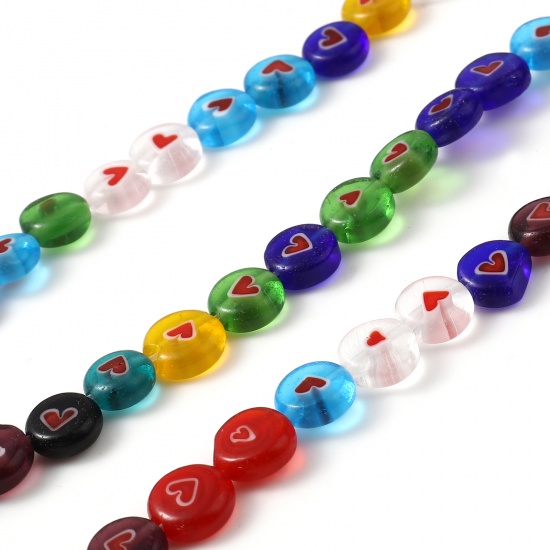 Picture of Lampwork Glass Valentine's Day Millefiori Beads Flat Round At Random Color Heart About 8mm Dia, Hole: Approx 1mm, 36cm(14 1/8") long, 1 Strand (Approx 46 PCs/Strand)