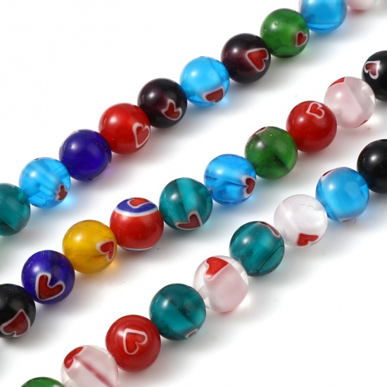 Picture of Lampwork Glass Valentine's Day Millefiori Beads Round At Random Color Heart About 10mm Dia, Hole: Approx 1mm, 36cm(14 1/8") long, 1 Strand (Approx 36 PCs/Strand)