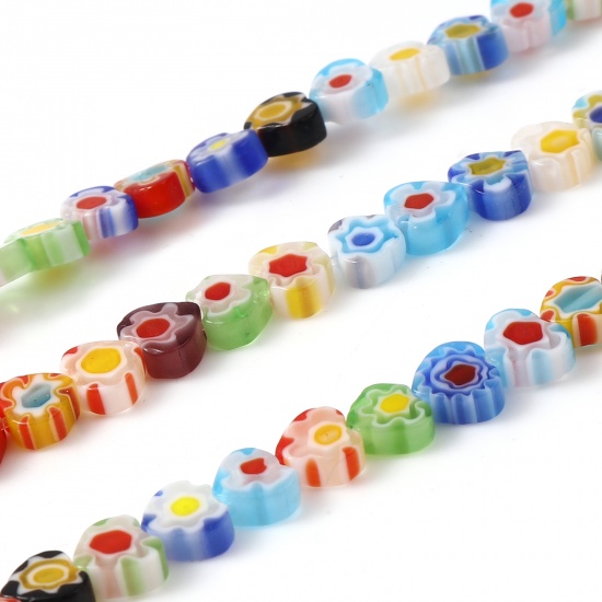 Picture of Lampwork Glass Valentine's Day Millefiori Beads Heart At Random Color Flower About 6mm x 5mm, Hole: Approx 1mm, 32cm(12 5/8") long, 1 Strand (Approx 64 PCs/Strand)